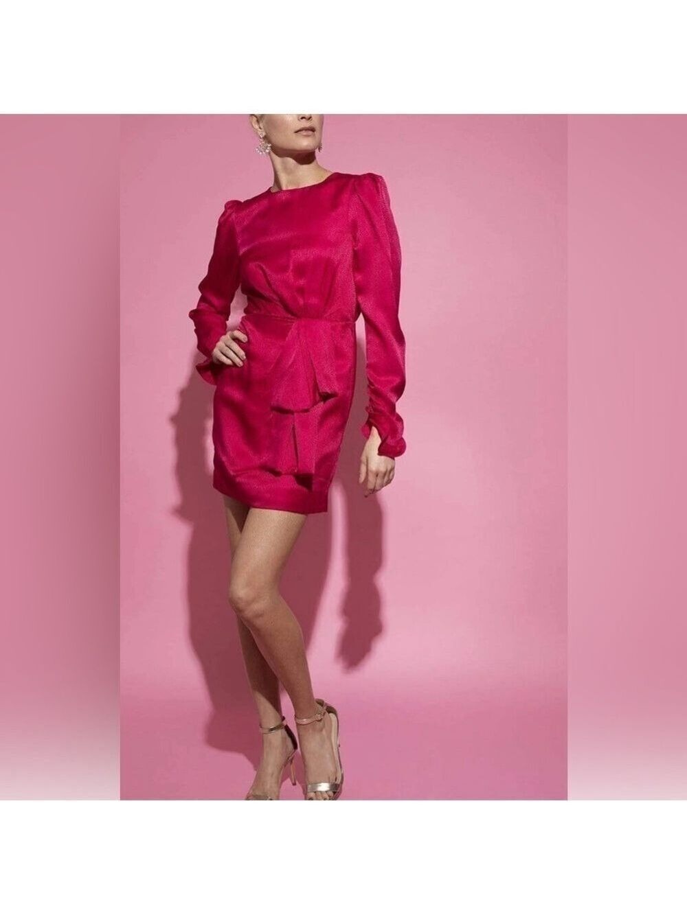 New SALONI Debbie Silk Stamped Mini Dress in Cherry Pink Size 8 - Picture 2 of 14